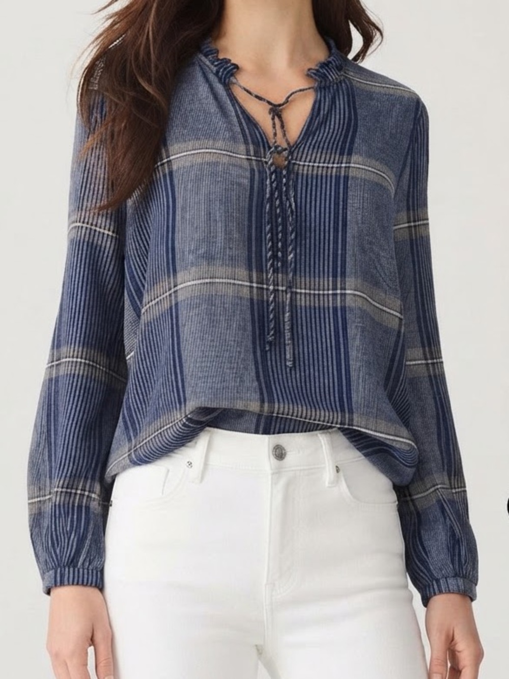 NIC+ZOE Navy Plaid Ruffle Tie-Neck Blouse • Size XL • EUC